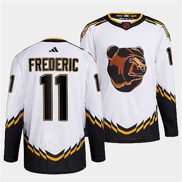 Mens Boston Bruins #11 Trent Frederic 2022 White Reverse Retro Stitched Jersey Dzhi